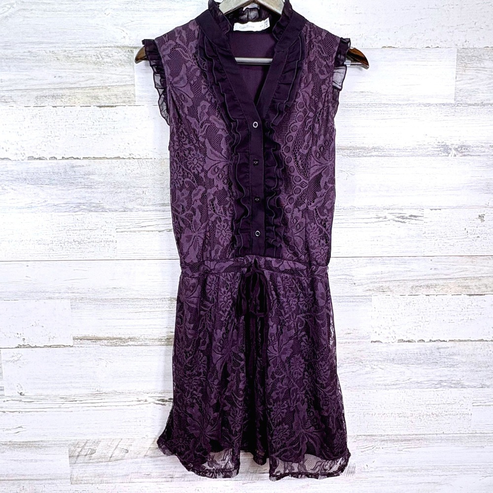 Costa Blanca Dress Size M Purple Lace Ruffle Sleeveless‎ Button Mini Short